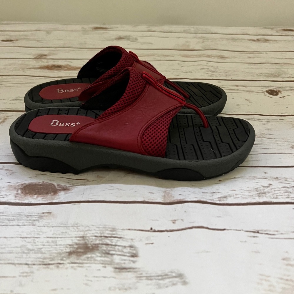 Bass Thong Sandals Red Leather Mesh Sporty Comfort Slides‎ 7M